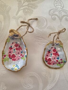 Set Of 2 Painted Decoupaged Seashell Ornaments